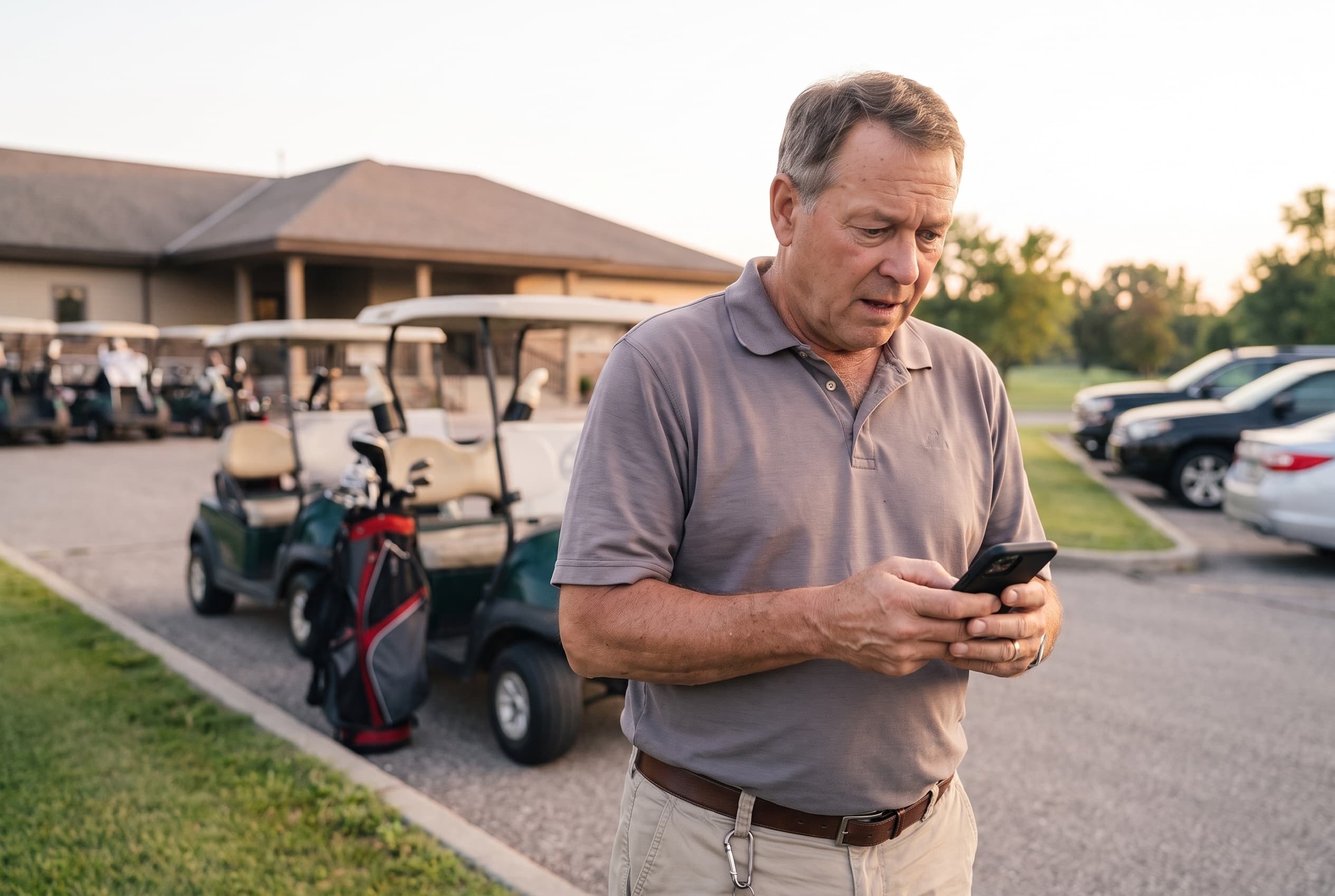 A golfer checking his phone beside golf carts after a round
