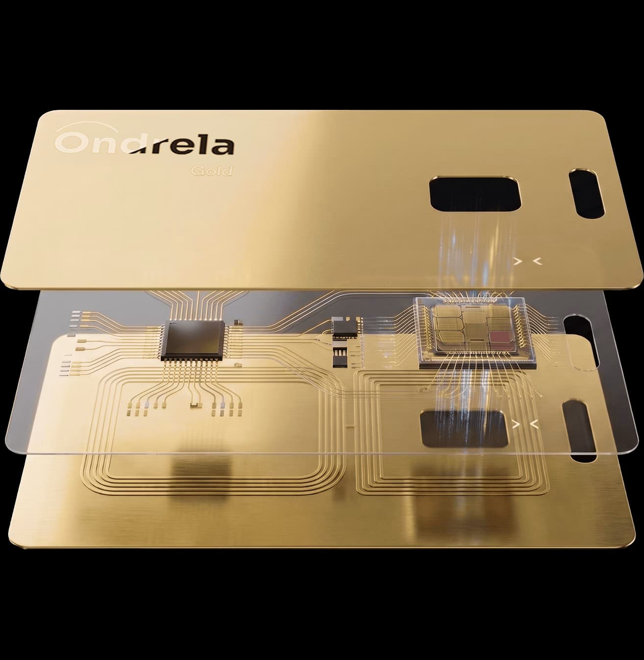 Layered components of the thin Ondrela Gold card