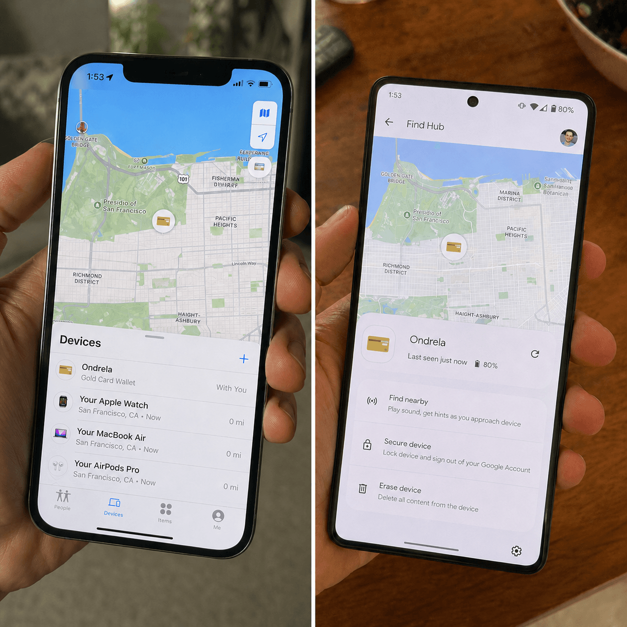 Ondrela Gold shown with Apple Find My and Google Find Hub compatibility