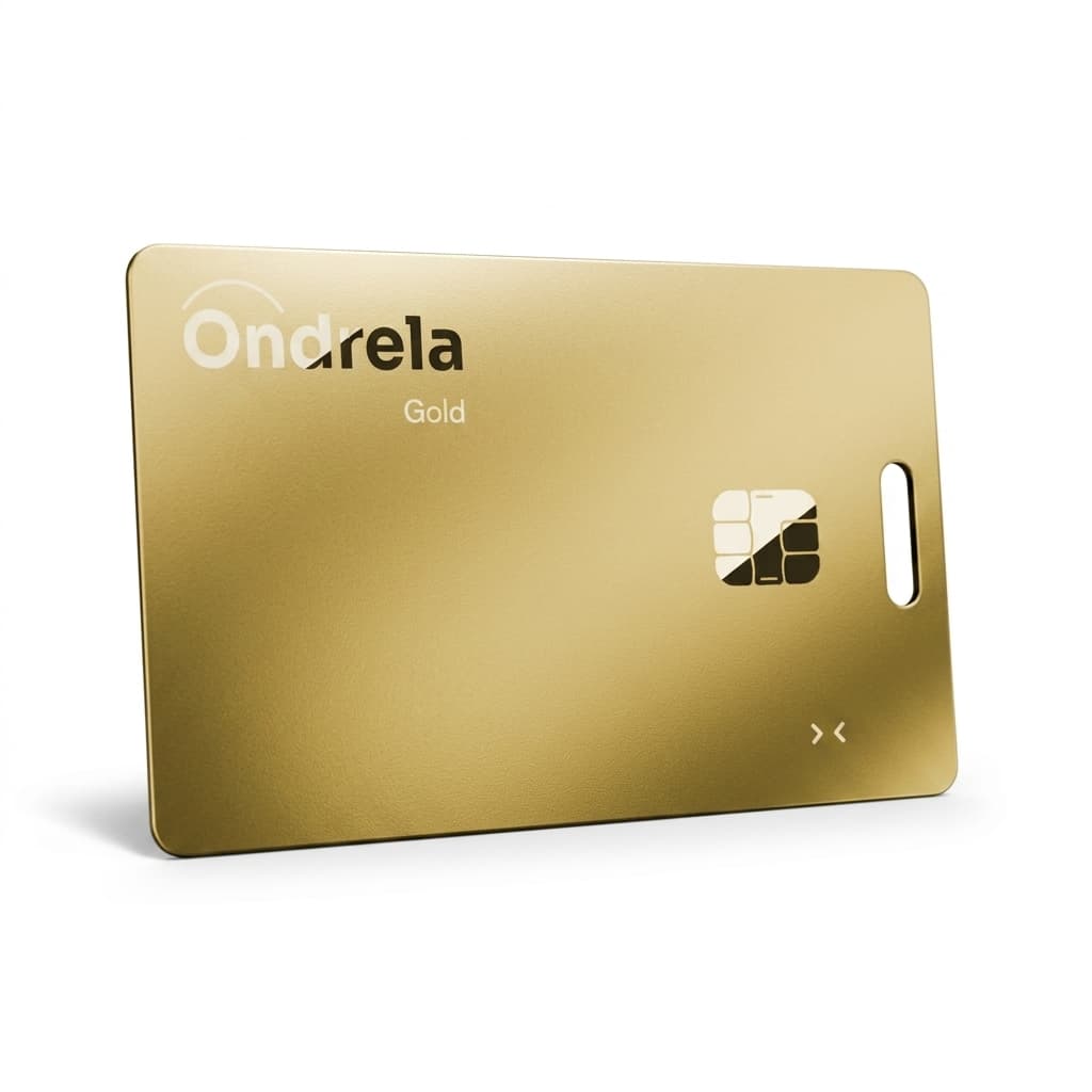 Close-up of the thin gold Ondrela tracking card