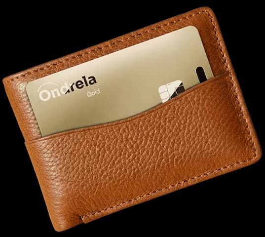 Ondrela Gold tracking card fitted into a brown leather wallet