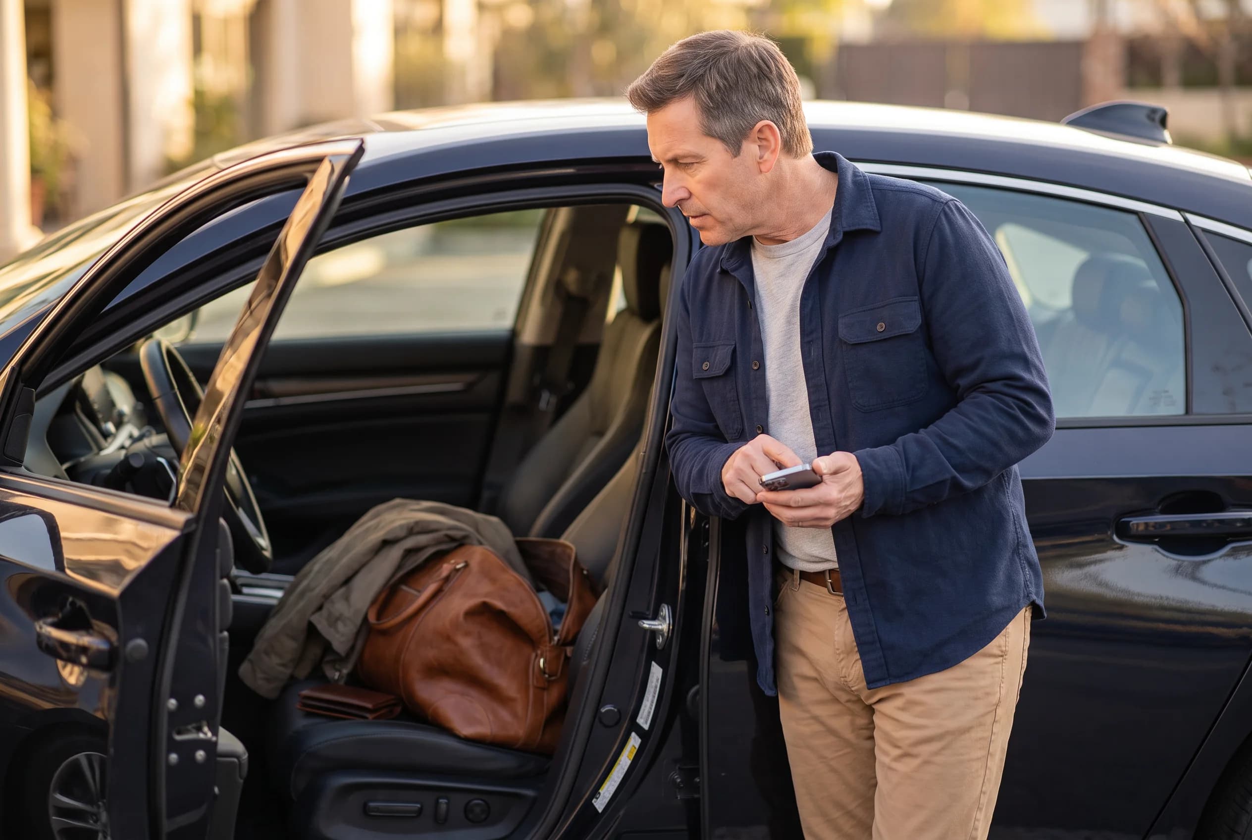A man uses his phone while listening for a wallet near an open car