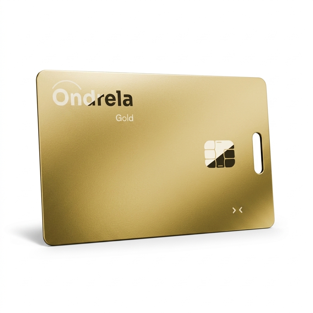 Close-up of the thin gold Ondrela tracking card